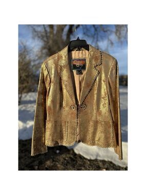 Cripple Creek Country Western Genuine Leather Jacket Womens L Gold Party Blazer
